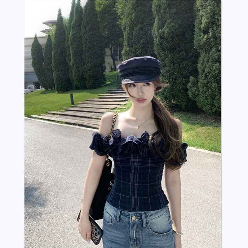 Chestnut Cocoa Bankelili 6.27/20 Points'Sweetheart Cake' One-Shoulder Lace Slim Top for Women