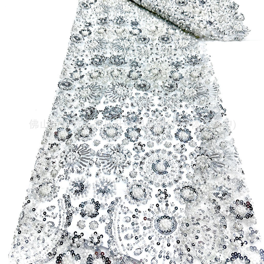 Redondo sol sequin clavado tela de malla de perlas vestido de boda de estilo nacional vestido de tela de banquete en stock