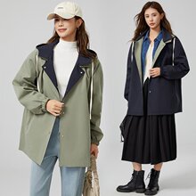 撞色拼接连帽单排扣中长款外套2025秋季新款宽松长袖女装风衣
