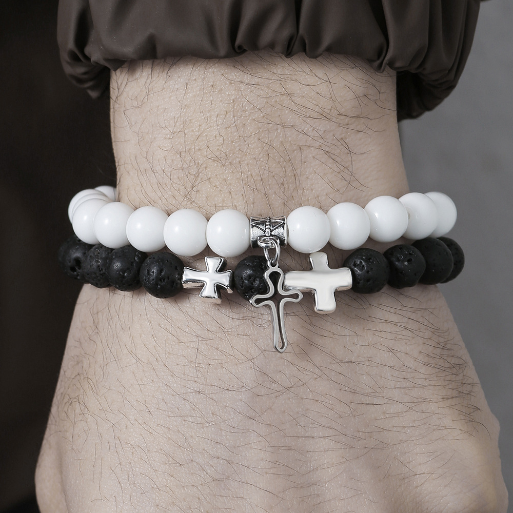 Elastic Couple Bracelet With Volcanic Stone And Astronaut Charm_voghion.com