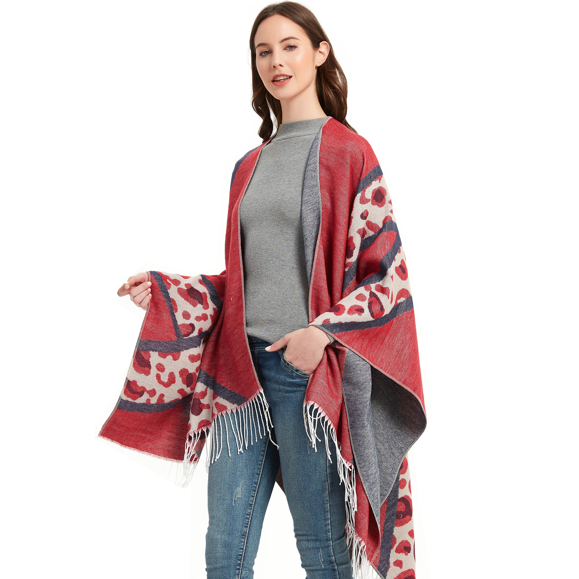 Unisex Women's fashion leopard cape large jacquard travel tassel split cape_viptrois.com