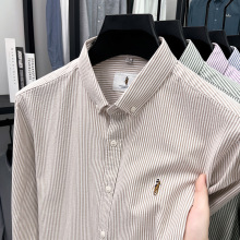 2025秋季新款中青年男士长袖衬衫100%纯棉竖条纹刺绣衬衣