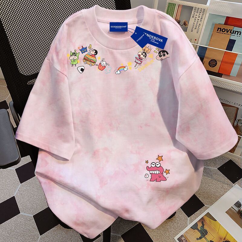 Sweet Japanese Style T-Shirt Round Neck Work Clothing Cute Cartoon Summer Tie-Dye Design Short-Sleeved Couple Loose Tops for Men and Women