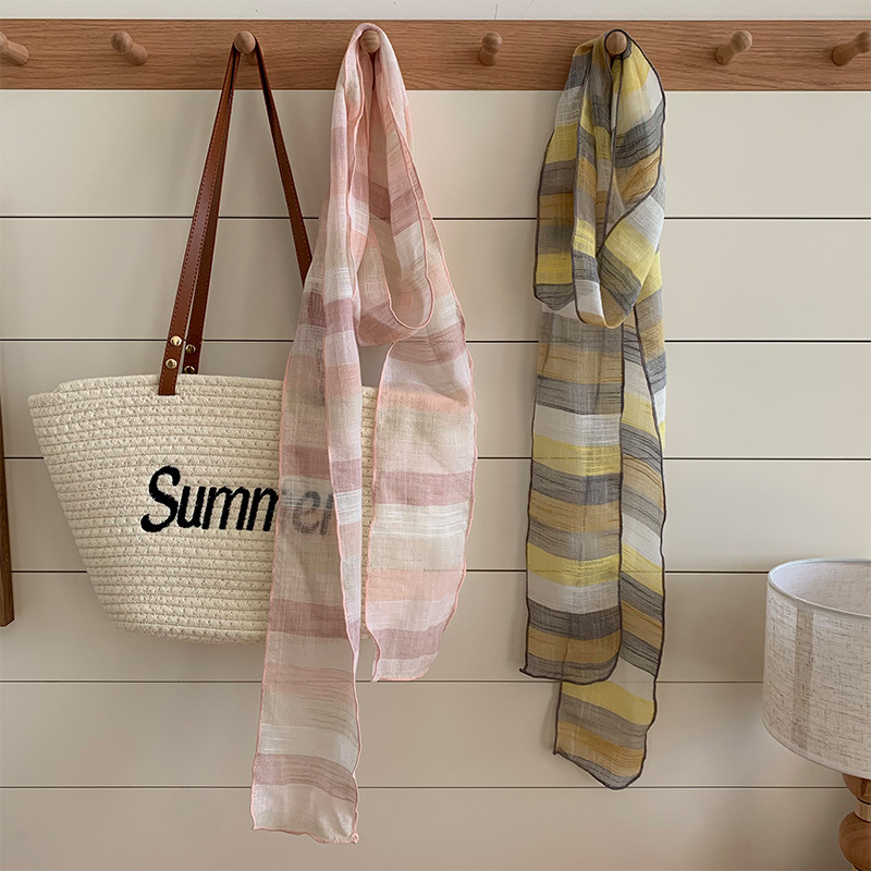 Pañuelo de seda, banda larga, sensación premium, nuevo estilo, personalidad retro coreana, protección para el cuello, bufanda a rayas, pañuelo de temperamento, banda para el cabello