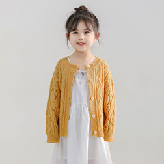 春季新款童裝鏤空純色鈎花中童上衣女寶長袖針織開衫女童外套開衫