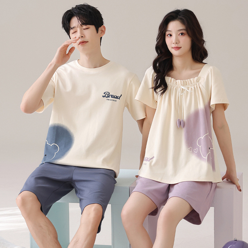 Summer Cartoon Casual Couple Pajamas for Women, Cute Pure Cotton Pullover Short-Sleeved Shorts, Casual Loose Men's Home Clothes