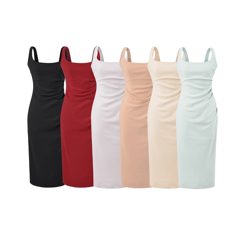 New Pleated Bodycon Stretchy Spaghetti Strap Dress for Women, Off-Shoulder, Sexy, Waist-Cinching, Elegant French-Style Long Cocktail Dress