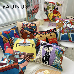 Abstract Cat and Dog Picasso Embroider Oil Painting Sofa Pillow Stall Gift B&B Hanging Painting Cotton Cushion Foreign Trade Wholesale