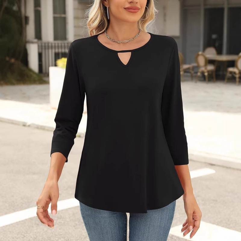 Cross-Border Amazon Women's Clothing 3/4 Long-Sleeve Summer Women's Top Hollow-Out Round-Neck Shirt Business Formal Casual Wear