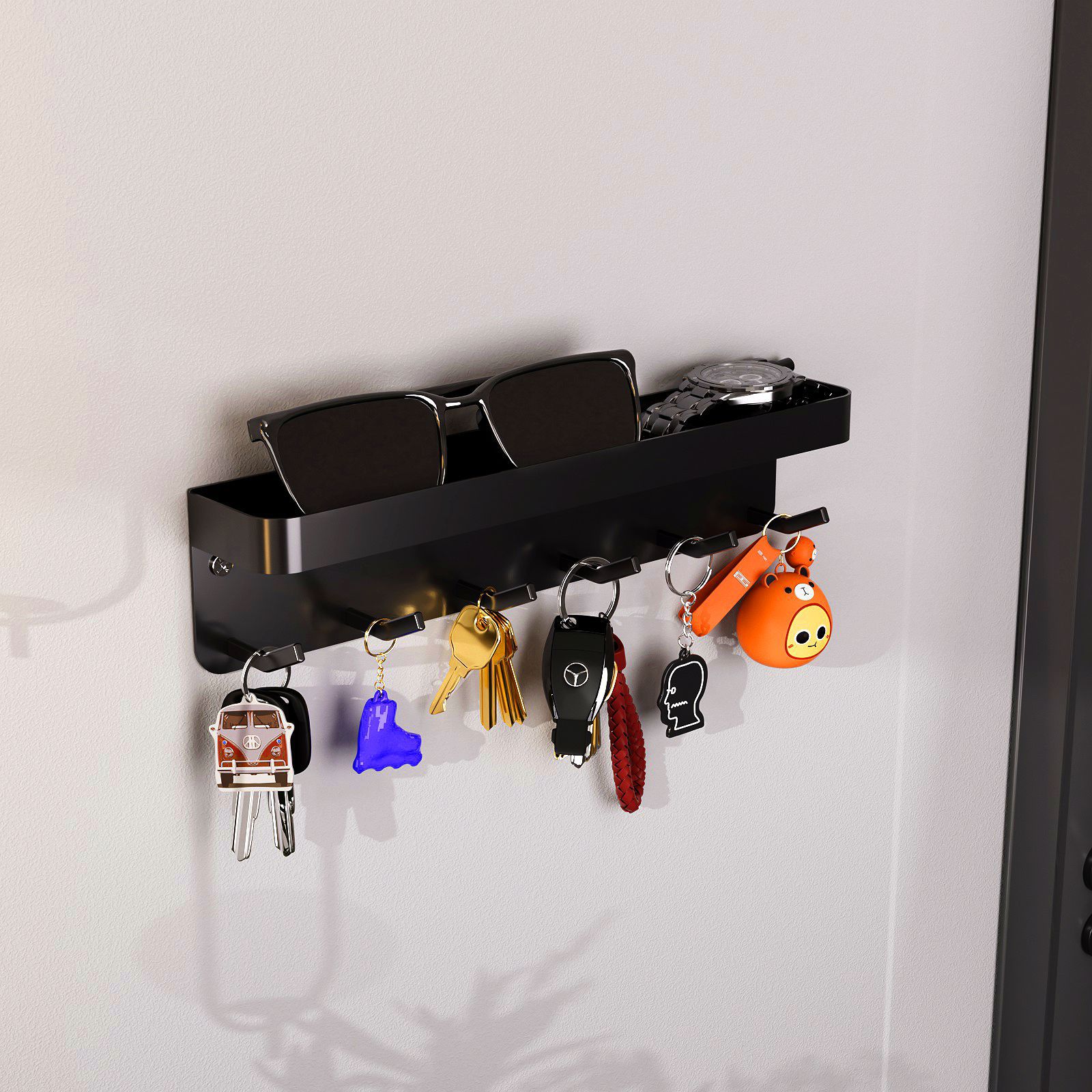 Wall-mounted Japanese-style Key Storage Rack Six-hook Magnetic Key Hook Rack with Tray Door Rear Storage Rack Hook