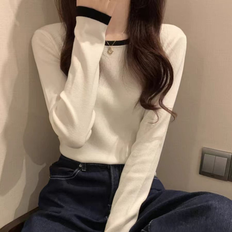Contrast Color Slim-fit Long-sleeved Shoulder T-shirt Women's Autumn and Winter Thin Sweater Base-layer Shirt Suit Trench Coat Inner Knitted Top