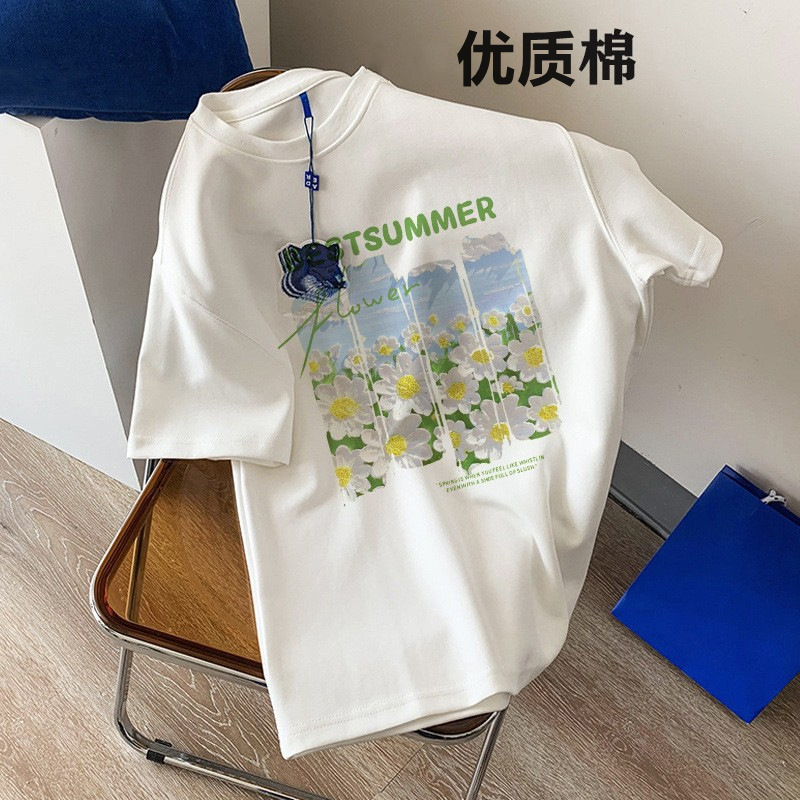 Casual Heavyweight Cotton Short-Sleeved T-Shirt Women's Tops 2025 Summer New Printed Loose White Ins Bottoming Shirt Export
