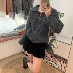 复古韩系高级感绑带polo领厚毛衣女2025秋冬季慵懒宽松针织衫上衣