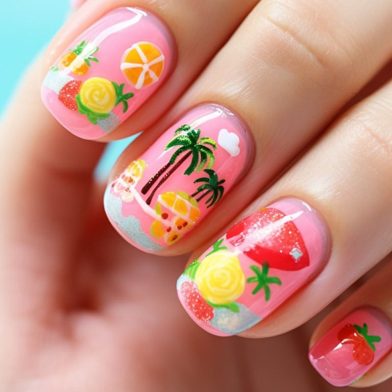Surfing Summer Manicure Nails, European and American Hot-Selling Color Impression Nails, Versatile Short Coconut Tree Wearable Nails