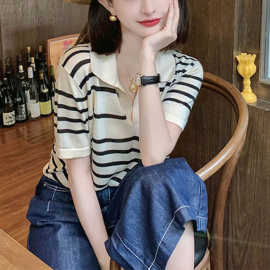 设计感小众2026夏季短款别致独特polo翻领条纹针织短袖T恤上衣女