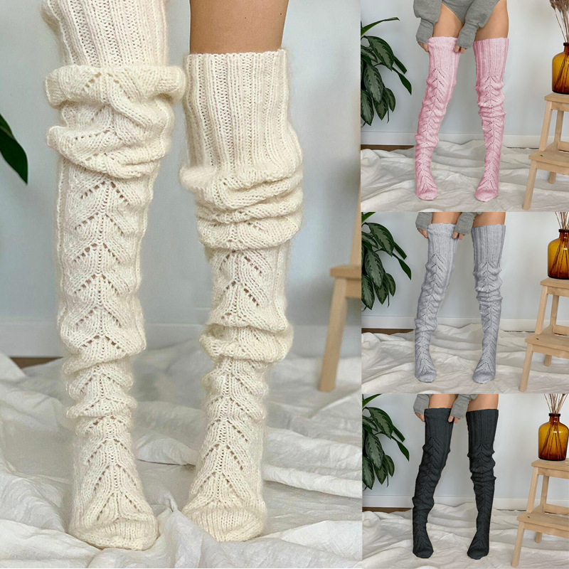 Aliexpress Amazon European and American Autumn and Winter Solid Color Hollow Mesh Long Over-The-Knee Pile Socks Women's Knitted Socks
