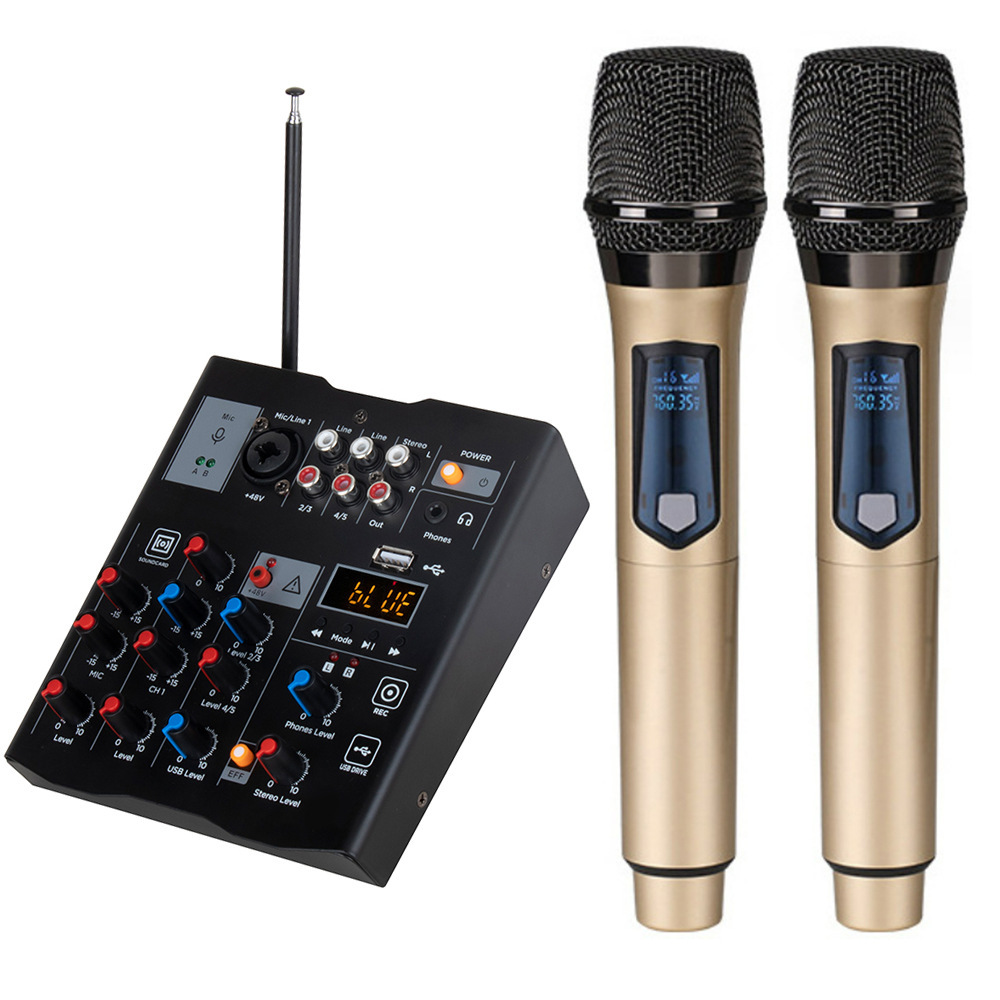 Pequeño MEZCLADOR DE MICRÓFONO INALÁMBRICO todo-en-uno de 4 vías de la computadora tarjeta de sonido de la guitarra efecto Bluetooth