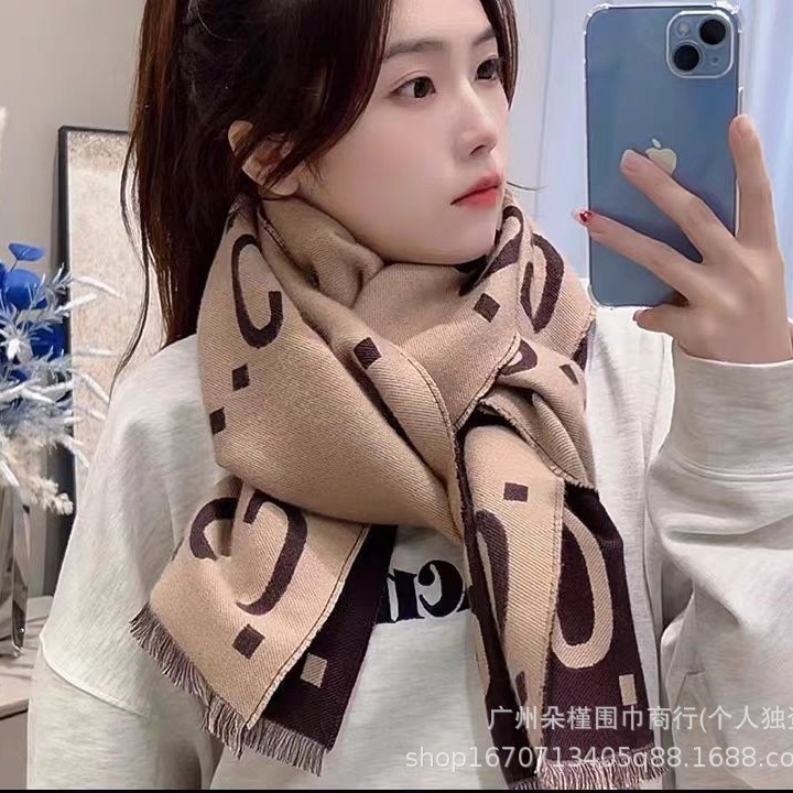 秋冬新款双面拼色g家围巾女羊毛大字母提花咖色羊绒围脖大牌两用|undefined