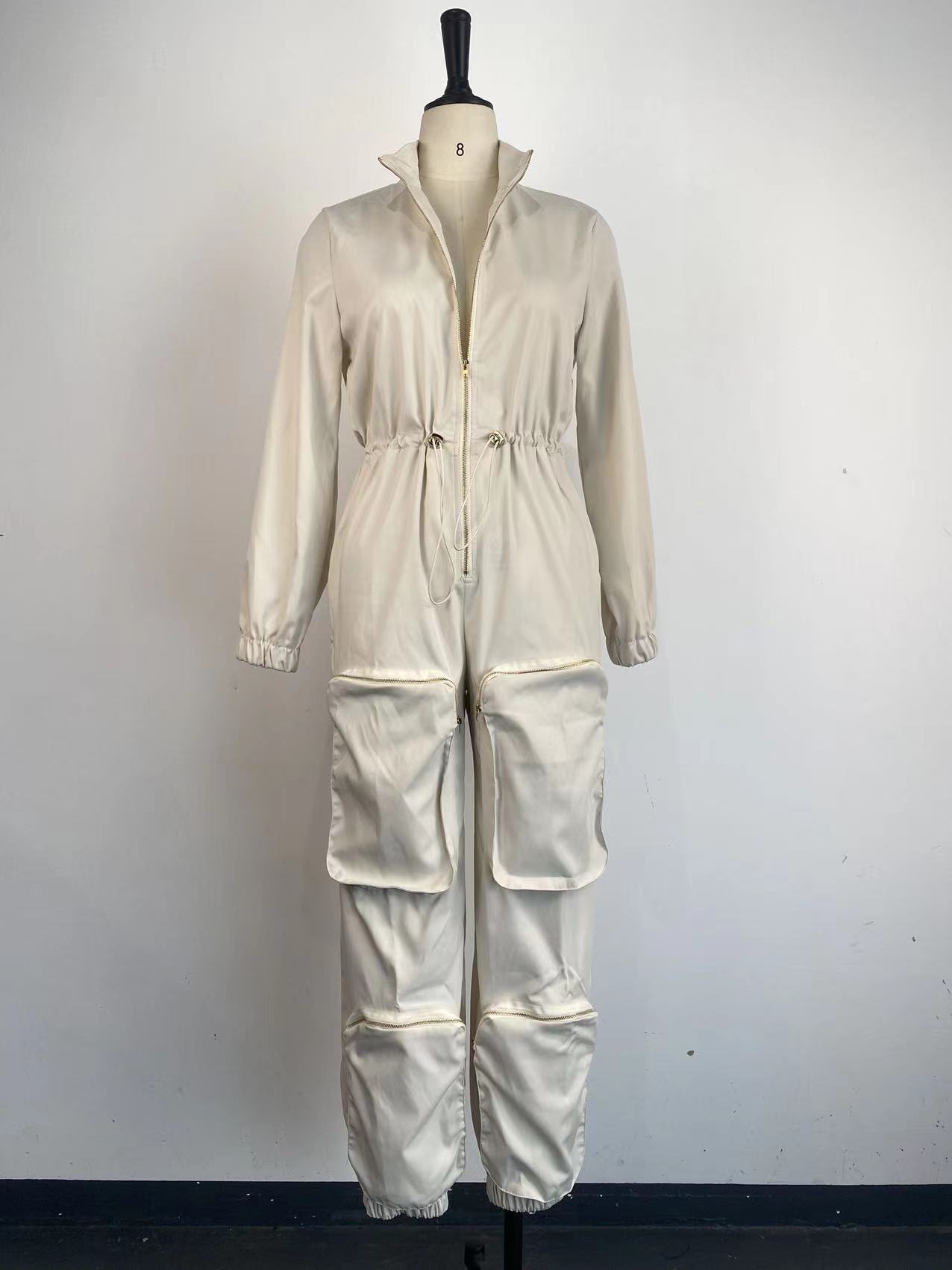 Dameklær midje arbeidsjumpsuits metall glidelås brødpose casual bukser_voghion.com