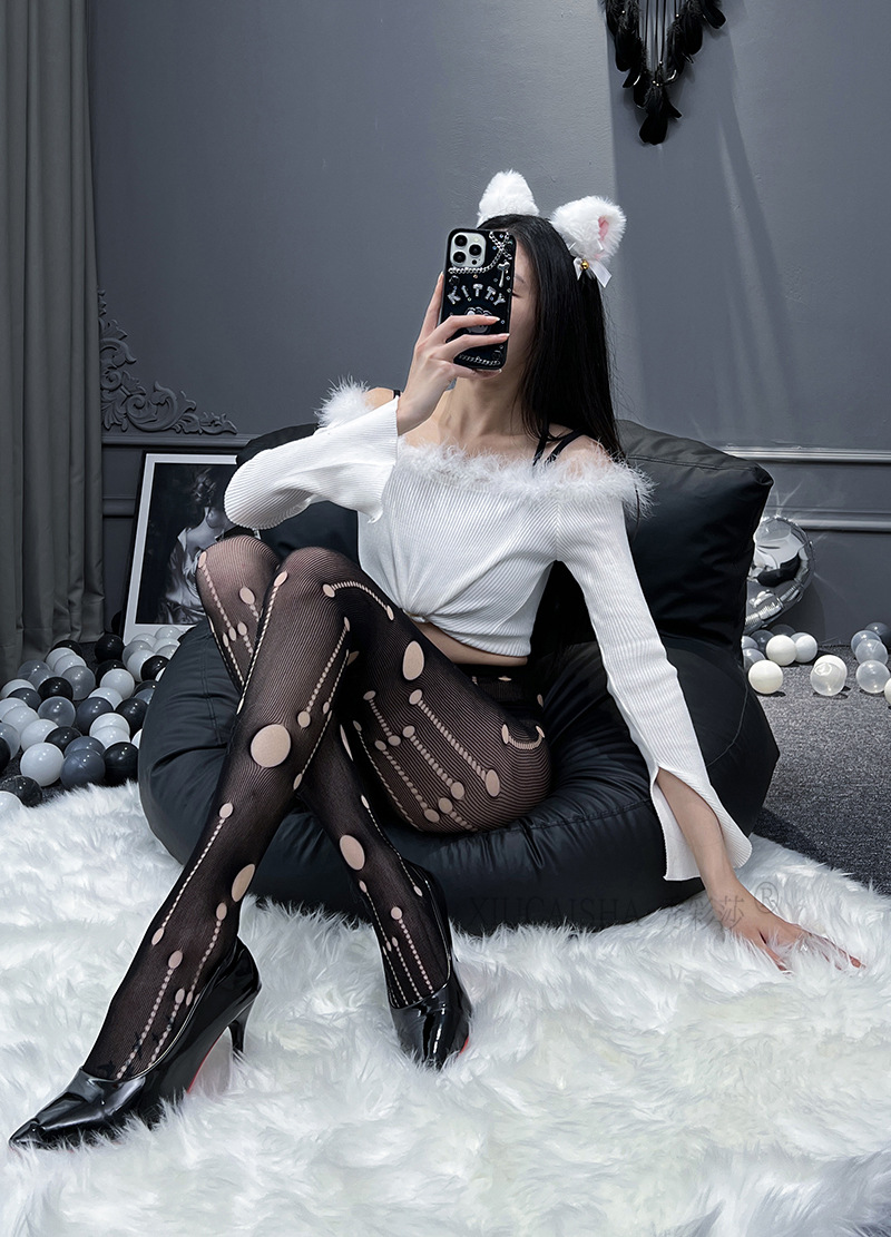 Open-Crotch Lace Stockings with Fake Suspenders, One-Piece Sheer Black Hosiery — detail image 7
