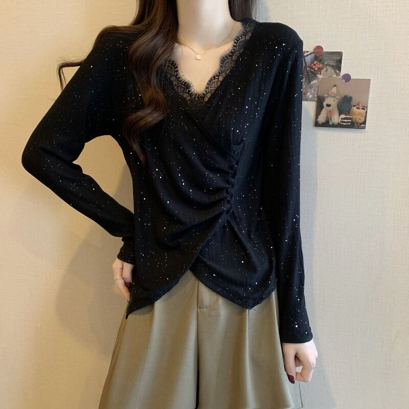 Plus Size Lace Splicing Sequin V Neck Long-Sleeved T-Shirt for Women Spring New Fat mm Loose Slimming Look Asymmetrical Bottoming Shirt