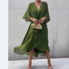 2026年新作 欧米風レディースファッション クロスボーダー Amazon 無地 レースアップロングドレス バットスリーブ 変形ワンピース 大きいサイズ