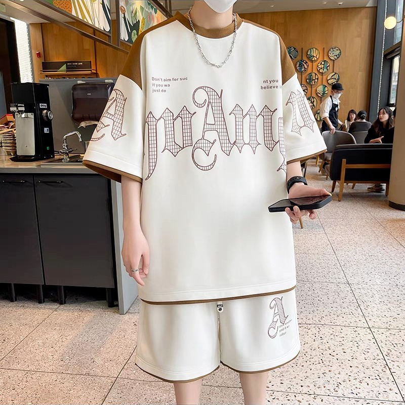 Sports suit Men's Summer Thin Ins Fashionable Collocation Handsome Hong Kong Style Casual Short-sleeved suit T-shirt Summer Dress Set
