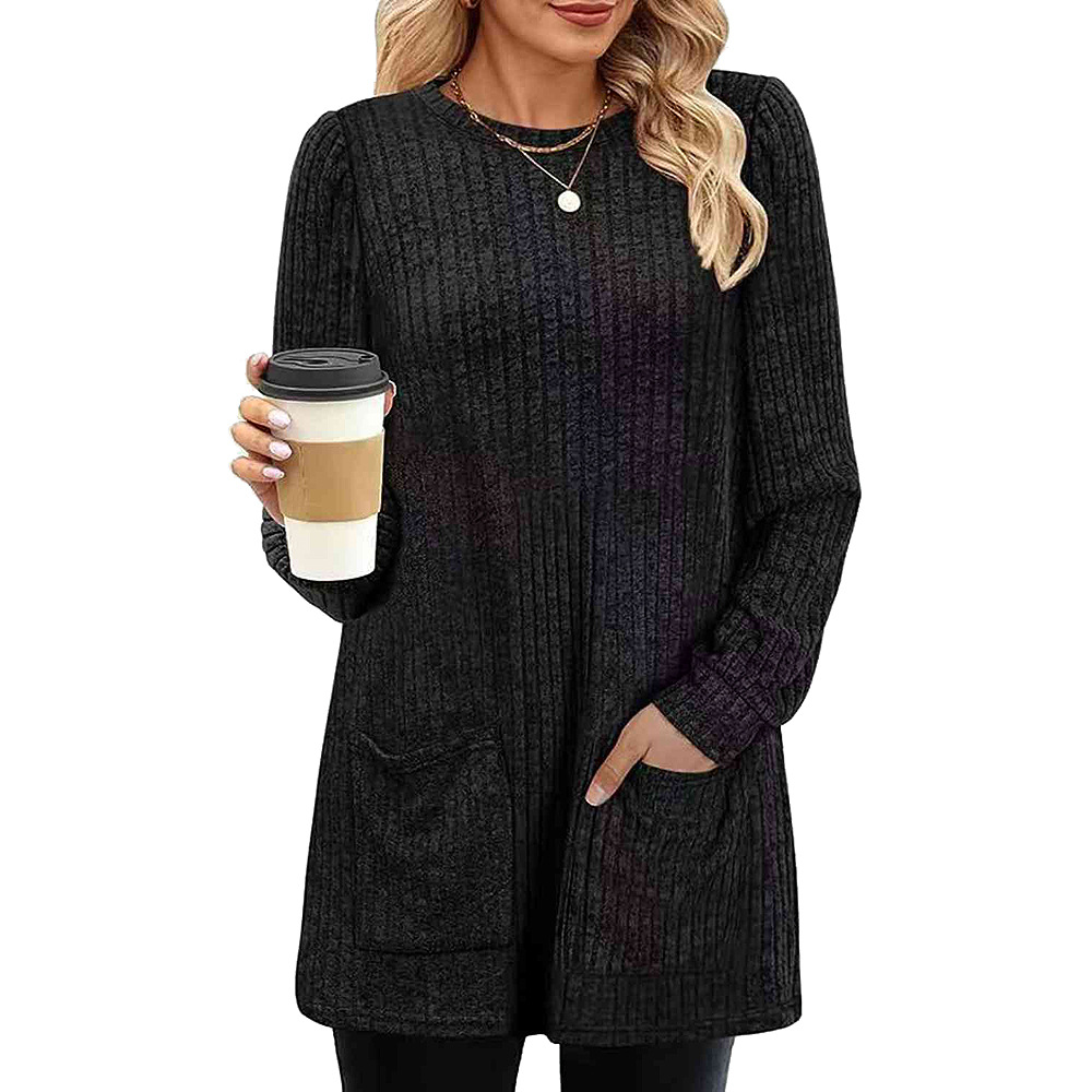 2023 transfronteriza europea y americana de otoño e invierno nueva oferta de mediados de longitud suéter cuello redondo pit color sólido bolsillo Camisa larga para las mujeres