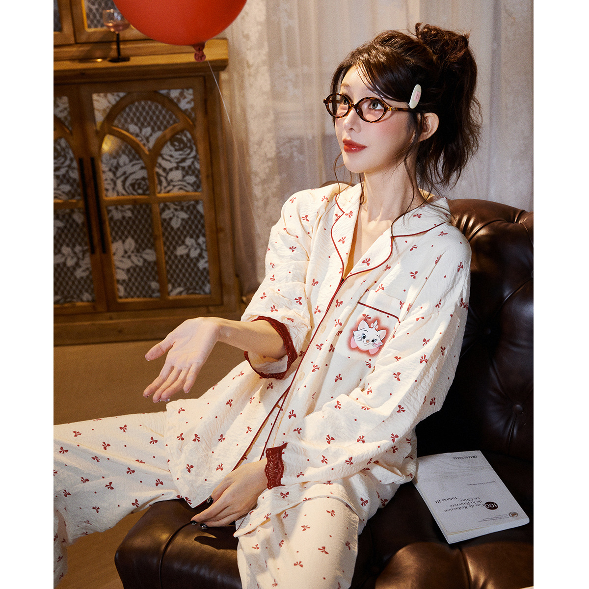 Run Ma [Light and Soft] Joint Mary Cat Pajamas Women's Spring and Autumn Long Sleeve Cartoon Full Printed Bow Home Clothes