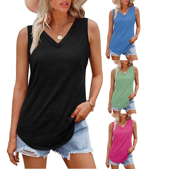 Cross-border 2025 Amazon New Women's Vest Loose Solid Color Casual V-neck Shirt Sleeveless Summer Top Women's T