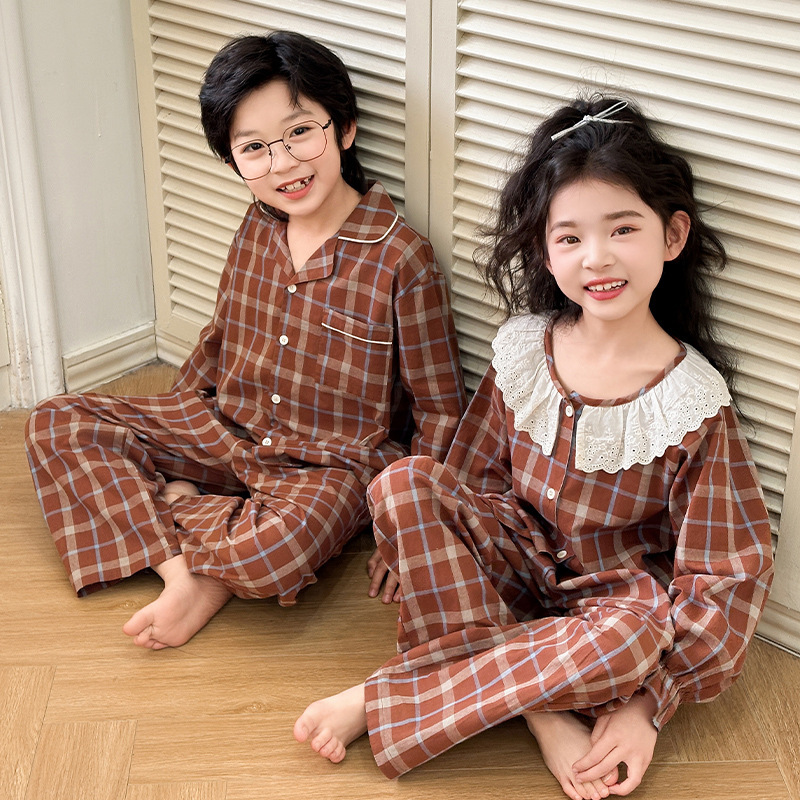 儿童睡衣套装春秋季长袖洋气娃娃领新款男女童家居服女孩格子睡衣|undefined