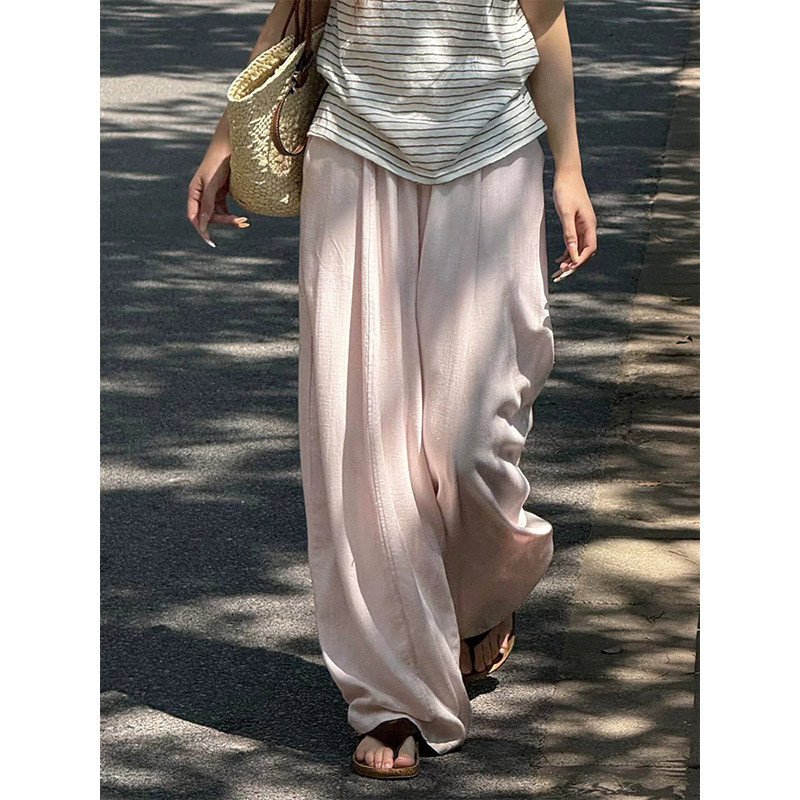 Pink Linen Wide-Leg Pants for Women, Summer Thin Style, 2026 New High-Waisted, Drapey, Loose-Fitting, Slimming Tencel Straight-Leg Pants
