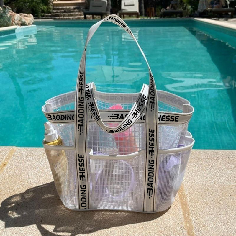 Women's Large-Capacity Waterproof Dry and Wet Separation Multi-Pocket Pvc Mesh Swimsuit Bathing Fitness Travel Storage Tote Bag