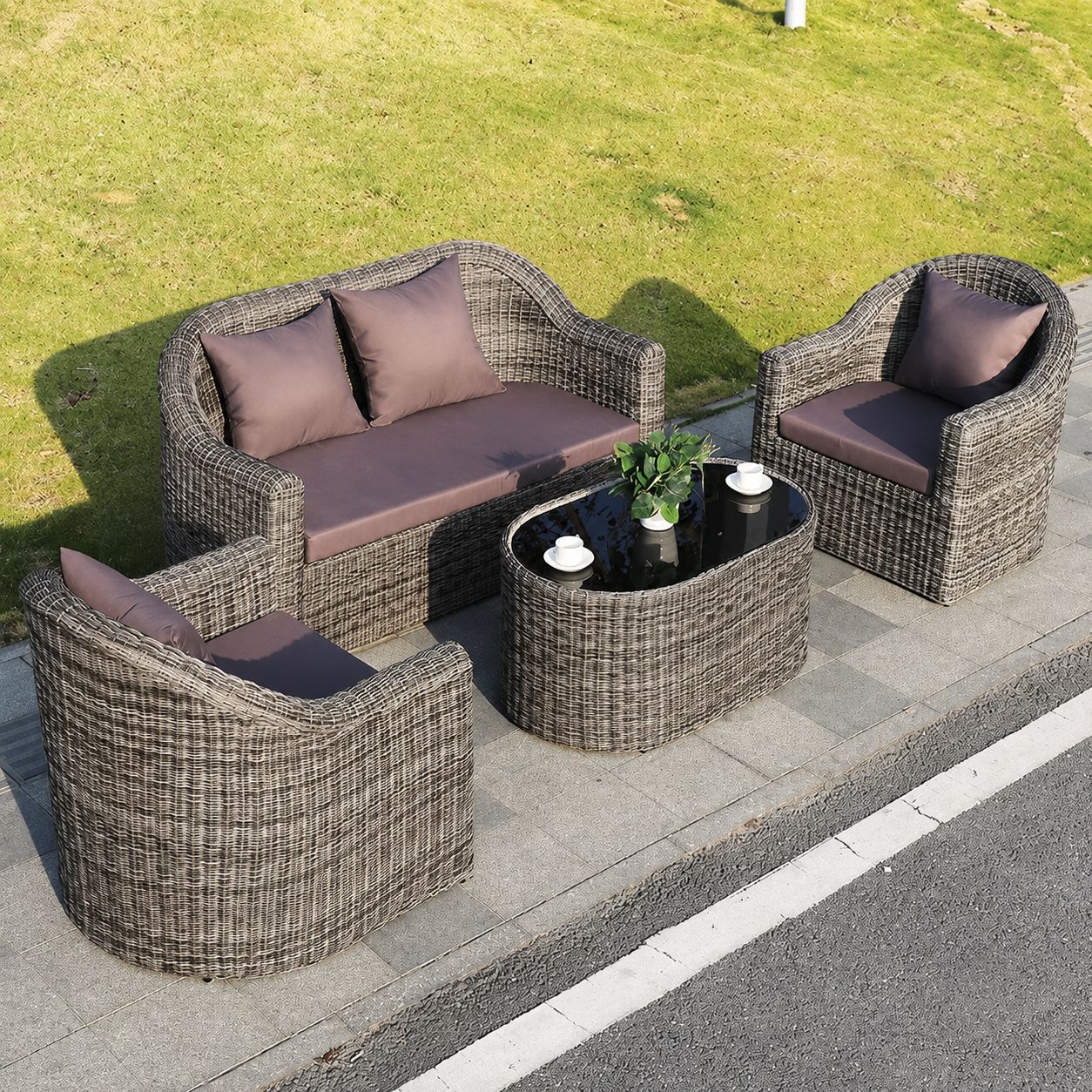 Villa al aire libre ocio doble sofá de caña combinación de muebles de caña al aire libre impermeable y protector solar sofá de caña redondo