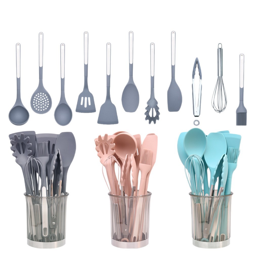 Cuchara de sopa de espátula de silicona de dos colores nórdicos Juego de 12 piezas de pala de silicona antiadherente Juego de utensilios de cocina de silicona resistente a altas temperaturas