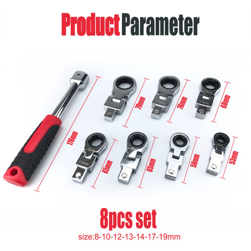 8-piece set of detachable movable head ratchet wrench, oscillating wrench 180° rotating wrench, portable tool set