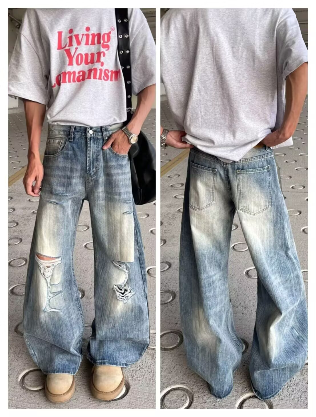 Unisex Distressed Denim Jeans | Relaxed Straight Leg Fit For Men And Women | Comfortable Stretch, Vintage Washed, Everyday Casual Style_viptrois.com