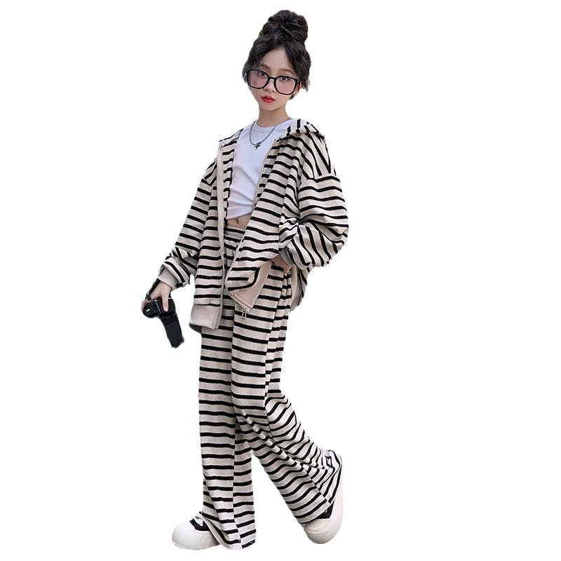 Traje de niñas ropa de otoño 2023 nueva moda para niños estilo occidental camisa de cremallera a rayas traje de dos piezas de moda casual para niños grandes