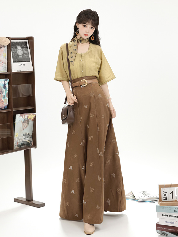 [Yuetang] オリジナル漢服女性改良日常通勤刺繍八破スカート国民風ラウンドネックダブルブレスト夏新中国風|undefined