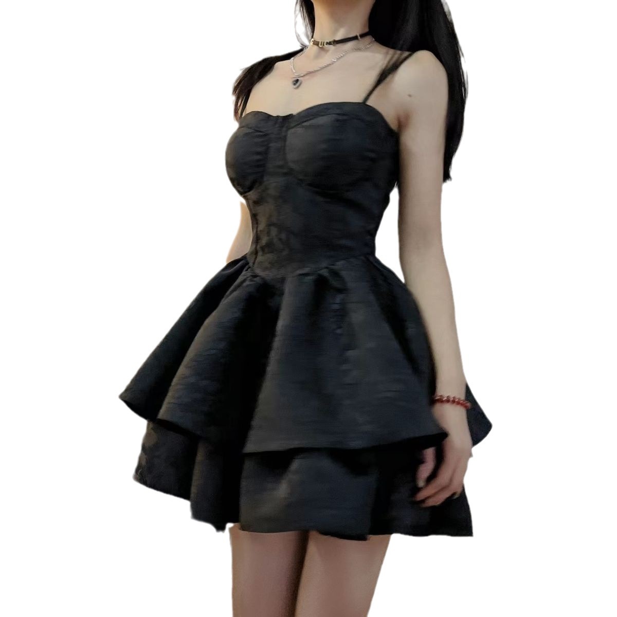 카디건 어깨 패션 봄과 여름 세트 달콤한 쿨 스파이스 소녀 우아한 리틀 블랙 원피스 중공업 자카드 스트랩 폰테 원피스