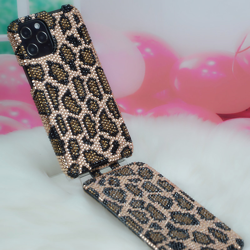 适用于iPhone1112 1314pro 苹果8plus上下翻盖金色豹纹手机壳水钻