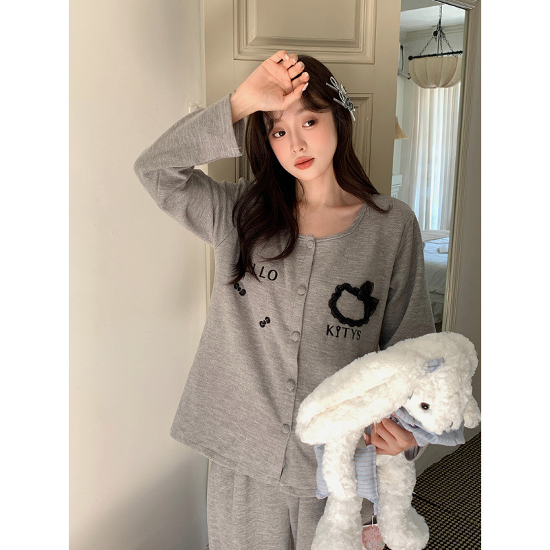 Round Neck Kt Cat with Breast Pads Autumn and Winter New Pajamas Women's Cashmere Silk Sweet Home Wear Suit Long Sleeves and Pants Round Neck Kt Cat with Breast Pads Autumn and Winter New Pajamas Women's Cashmere Silk Sweet Home Wear Suit Long Sleeves and Pants