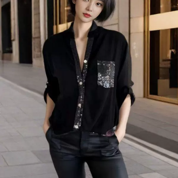 2025新款时尚春夏秋欧美跨境亚马逊通勤风开衫长袖亮片女士衬衫