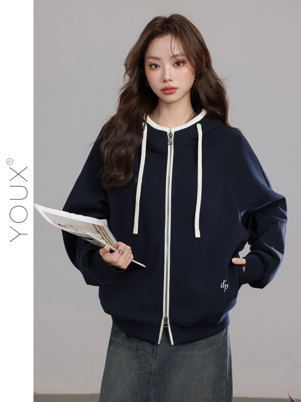 又巷【洒脱自如】卫衣外套2025秋季新款时尚藏蓝色休闲连帽上衣女|undefined