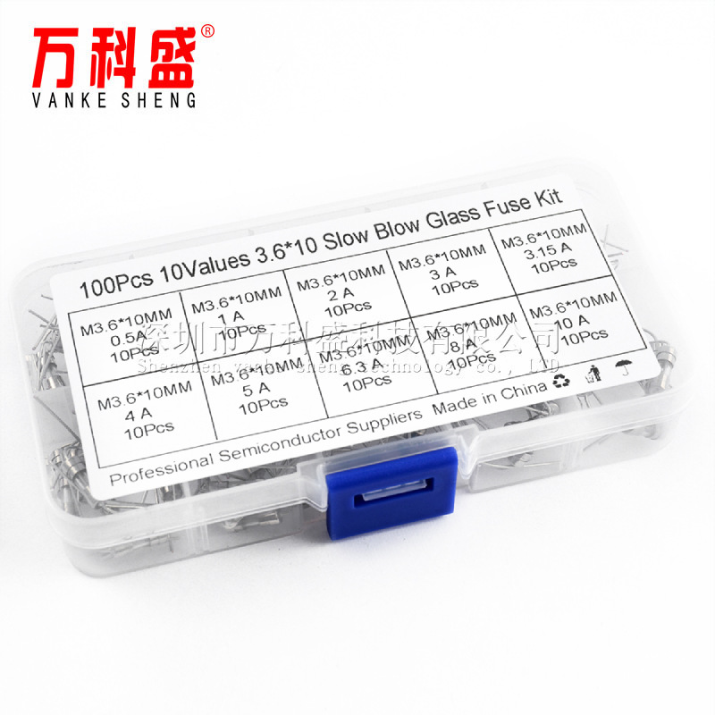 100PCS 10种规格 3.6x10MM 带引脚玻璃保险丝管0.5A10A直插250V套