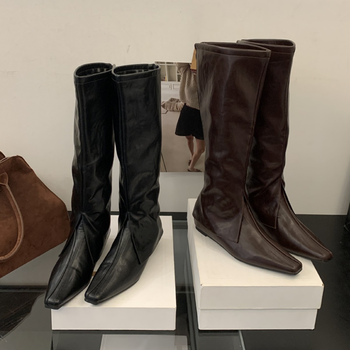 【Tax Not Included】2025 New Autumn and Winter Height-Increasing Square-Toe Uncoated Long Boots, Mid-Heel Riding Boots, High-Top Thick-Soled Boots
