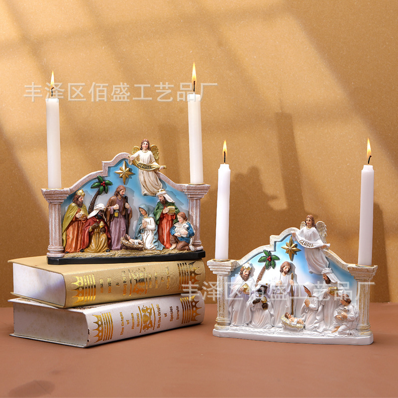 Navidad transfronteriza regalos de nacimiento pesebre candelabros ornamentos artesanías de resina candelabros decoración de escritorio para el hogar