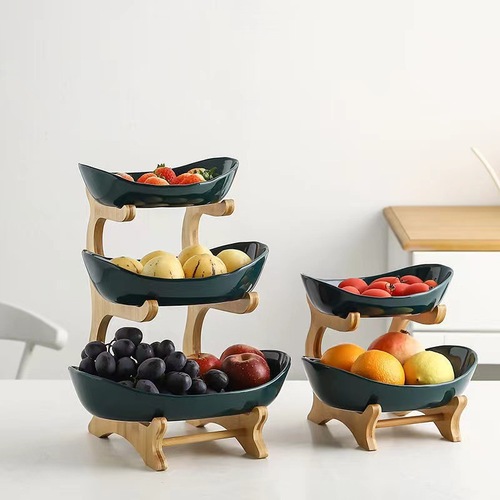 Creative three-layer multi-layer fruit plate, European-style ceramic dry fruit plate, bamboo and wood stand, household snack plate, candy tray, fruit basket