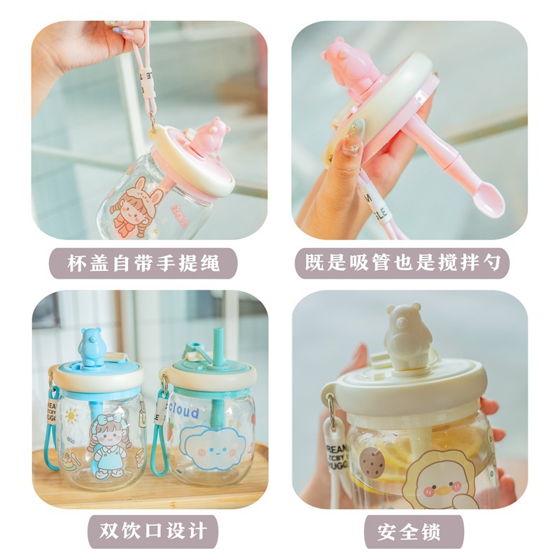Taza de agua creativa para niños de dibujos animados taza de paja de gran capacidad de mano taza de vidrio portátil taza de oso lindo