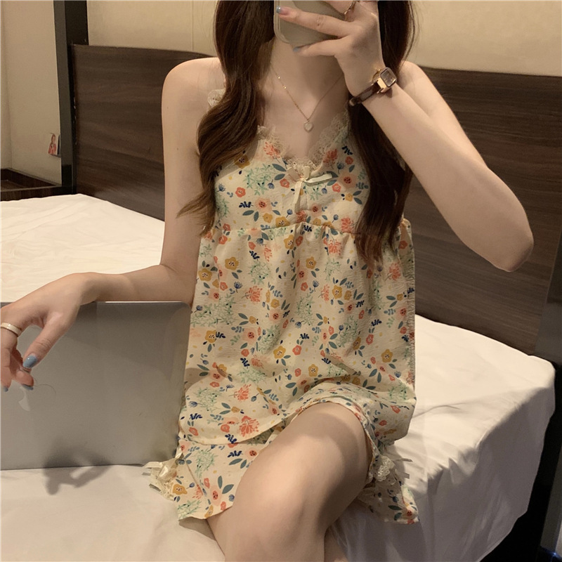 Algodón artificial con almohadilla en el pecho pijamas pantalones de tirantes de mujer ropa de casa de dos piezas se puede usar fuera estilo coreano ins Wind Net Red transmisión en vivo